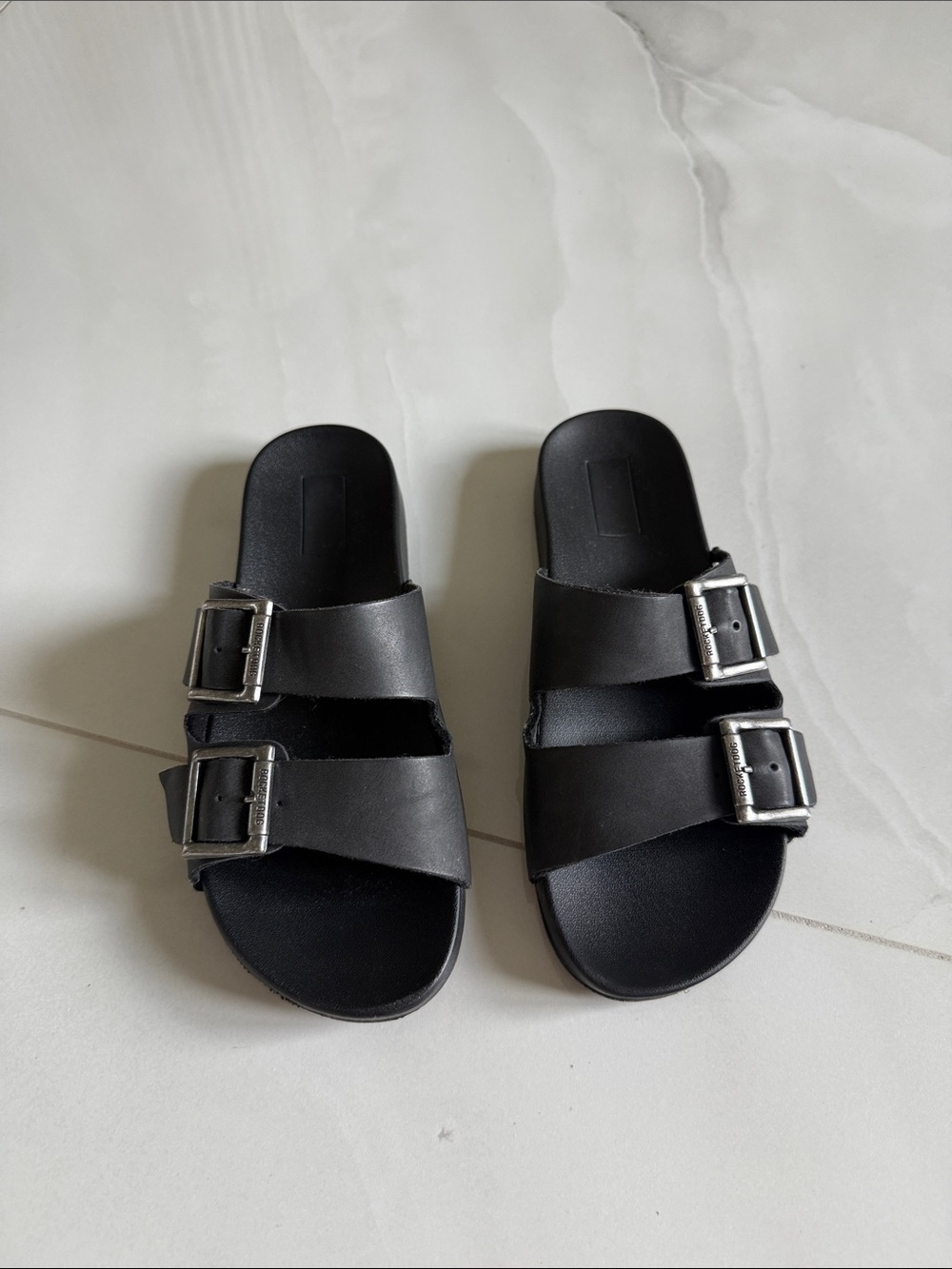 Black Double-Buckle Slide Sandals